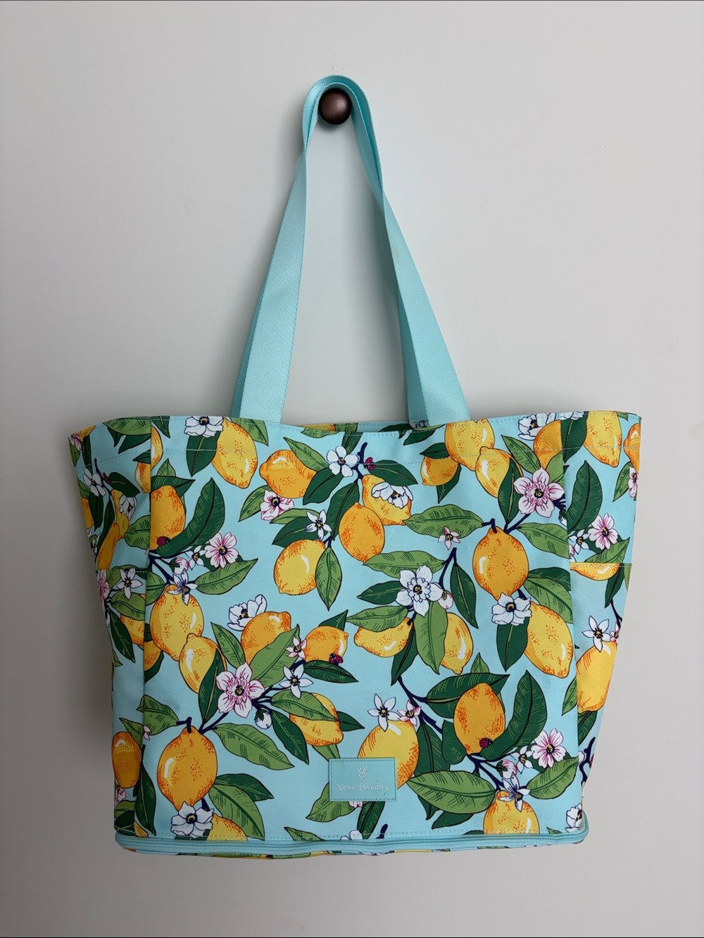 NWOT Vera Bradley Aqua Lemon Print Beach Bag Foldable For Travel